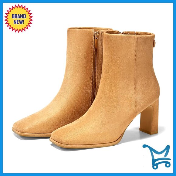 Square Toe Ankle Boots Chunky Block Heel Side Zipper Faux Suede Winter Shoes